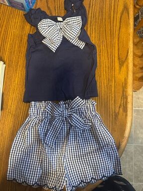 Navy Tank Top & Blue Gingham Bow Shorts Set NWOT